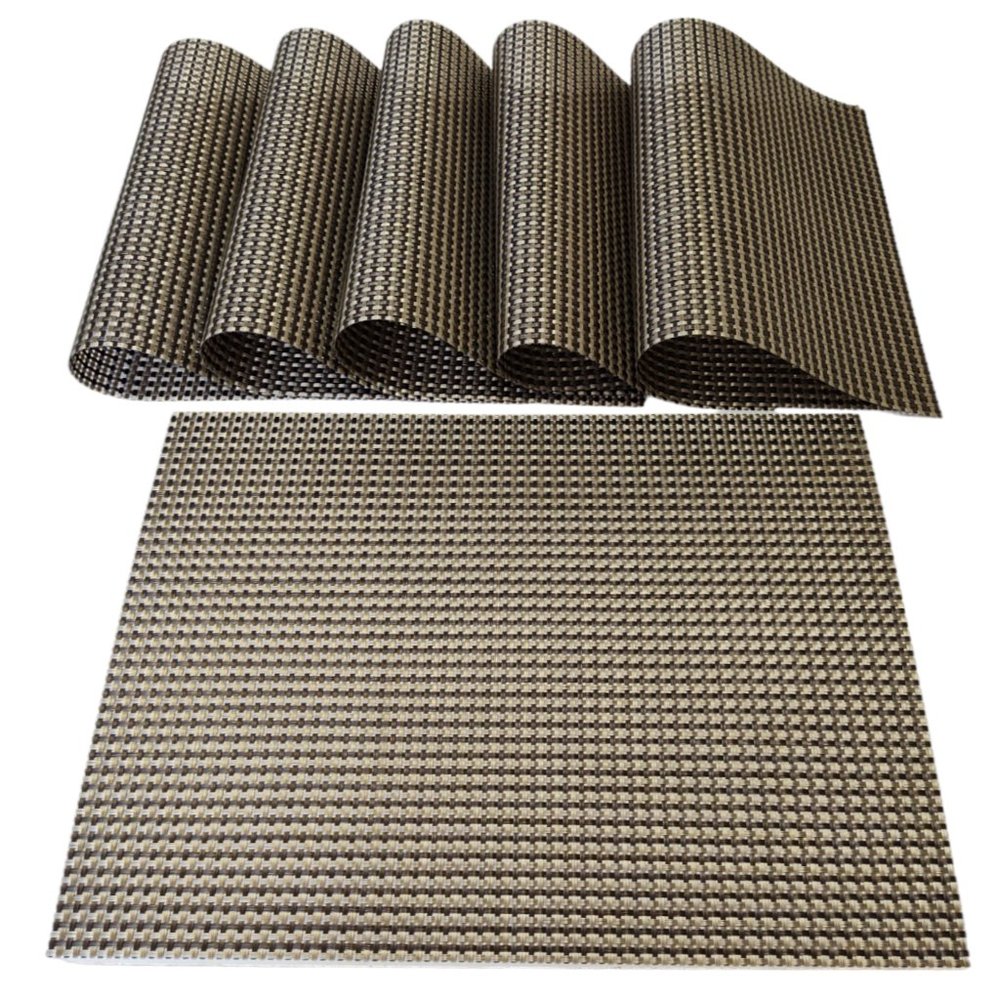 Placemats Set of 6 for Dining Table Non-Slip Washable Woven Vinyl in Brown Gold